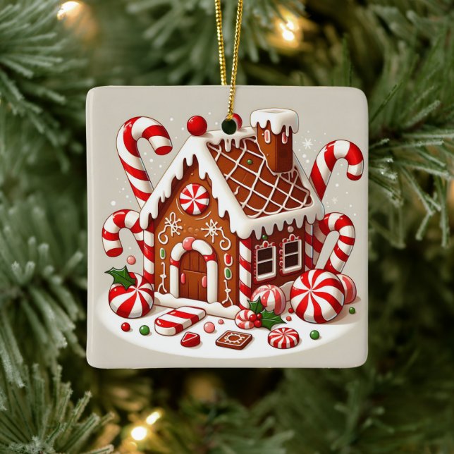 Candy Cane and Holiday Delights Gingerbread House Ceramic Ornament (Tree)