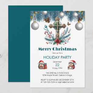 Candy Cane and Holly Cross Christmas Invitation