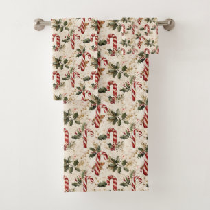 Candy Cane and Poinsettia Christmas Pattern Bath Towel Set