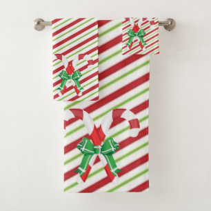 Candy Cane and Red White and Green Stripes Bath Towel Set