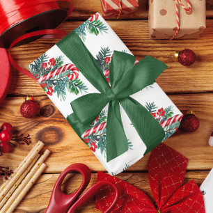 Candy Cane and Winter Greenery   Christmas  Wrapping Paper