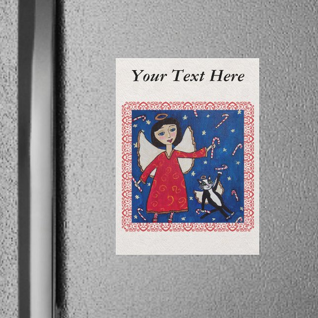 Candy Cane Angel Cat Christmas Folk Art (Chritmas Angel floating in sky with angel cat catching candy canes in red frame on fridge magnet.)