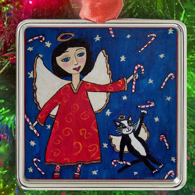 Candy Cane Angel Cat Christmas Folk Art Metal Tree Decoration (Angel red dress floating in sky with angel cat and candy canes on Christmas hanging ornament.)