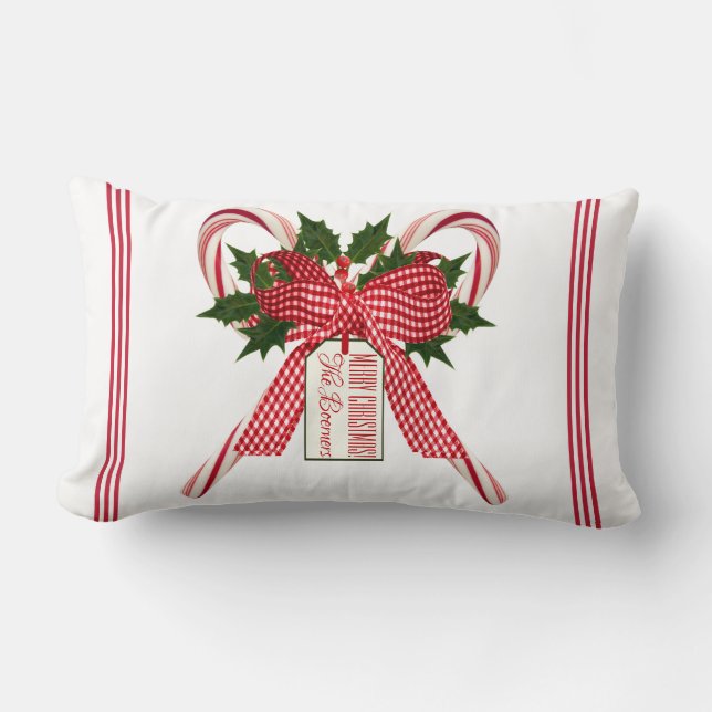Candy Cane Bouquet Merry Christmas Family Name Lumbar Cushion (Front)