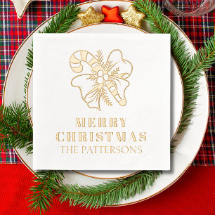 Candy Cane Bow Merry Christmas Personalised Name Foil Napkins