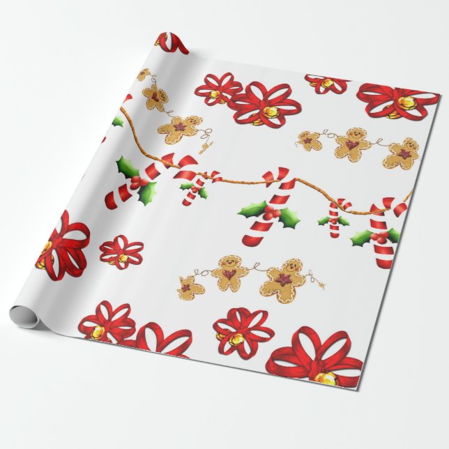 Candy Cane, Bows Photo Gloss Wrapping Paper (Unrolled)