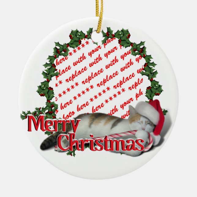 Candy Cane Cat Christmas Photo Frame Ceramic Tree Decoration (Front)