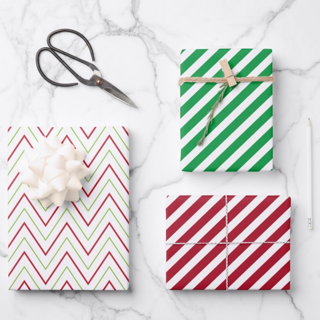 Candy Cane Chevron and Stripes Pattern Wrapping Paper Sheet (Front)
