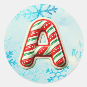 Candy Cane Christmas "A" Sticker, Festive Stripes Classic Round Sticker
