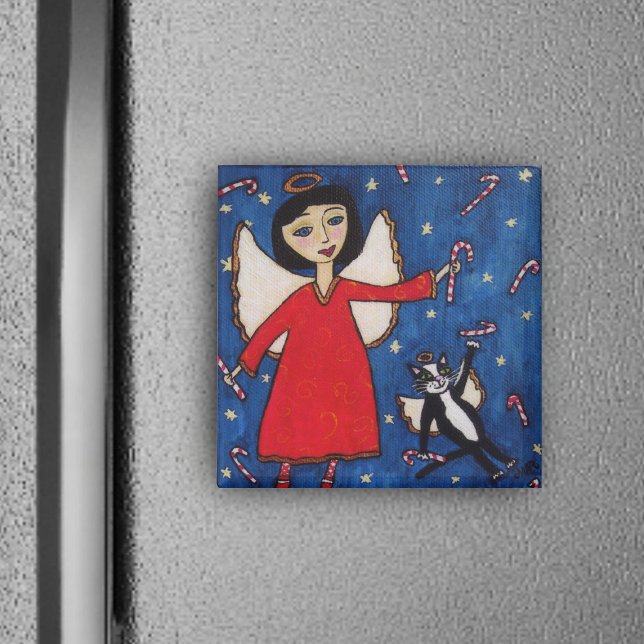 Candy Cane Christmas Angel Magnet (Angel floating in blue sky stars with angel cat and candy canes on Christmas square magnet.)