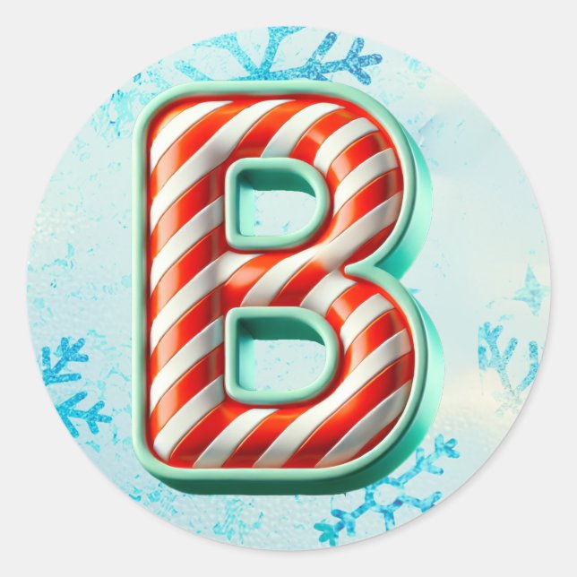 Candy Cane Christmas "B" Sticker, Festive Stripes Classic Round Sticker (Front)