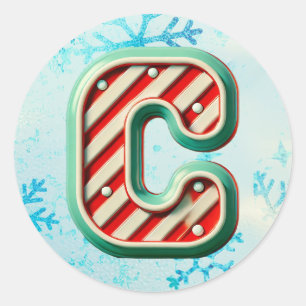 Candy Cane Christmas "C" Sticker, Festive Stripes Classic Round Sticker