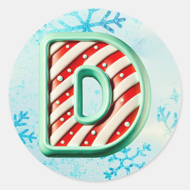 Candy Cane Christmas "D" Sticker, Festive Stripes Classic Round Sticker (Front)