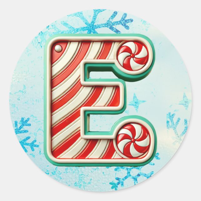Candy Cane Christmas "E" Sticker, Festive Stripes Classic Round Sticker (Front)
