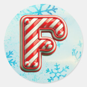 Candy Cane Christmas "F" Sticker, Festive Stripes Classic Round Sticker