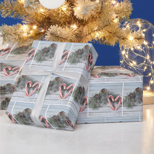 Candy Cane Christmas Hearts and Pine Wrapping Paper