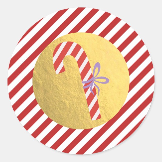 Candy Cane Christmas Holiday Red Stripes Gold Foil Classic Round Sticker (Front)