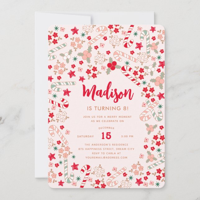 Candy Cane Christmas Holidays Birthday Party Invitation (Front)