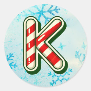 Candy Cane Christmas "K" Sticker, Festive Stripes Classic Round Sticker