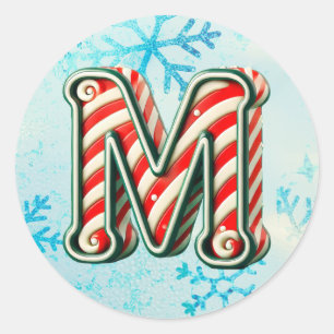 Candy Cane Christmas "M" Sticker, Festive Stripes Classic Round Sticker