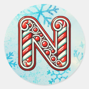 Candy Cane Christmas "N" Sticker, Festive Stripes Classic Round Sticker