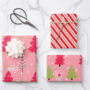 Candy Cane Christmas Pink Tree Doodle Wrapping Paper Sheet