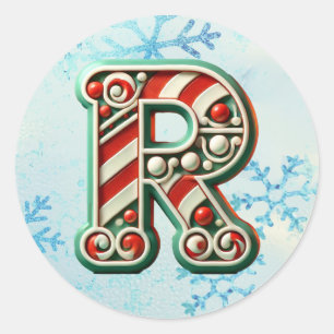 Candy Cane Christmas "R" Sticker, Festive Stripes Classic Round Sticker