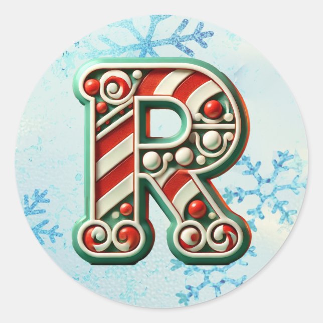 Candy Cane Christmas "R" Sticker, Festive Stripes Classic Round Sticker (Front)