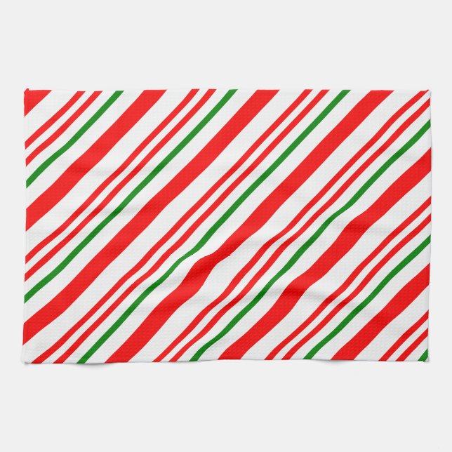 Candy Cane Christmas Red Green Stripes Pattern Tea Towel (Horizontal)