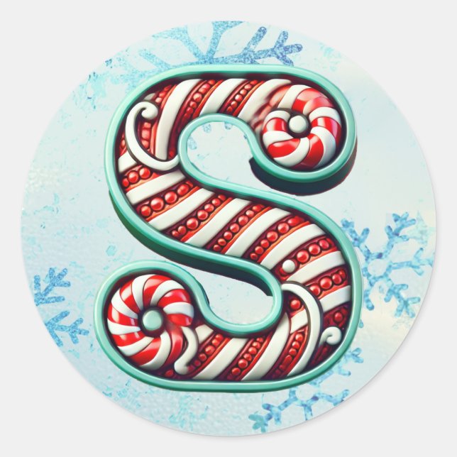 Candy Cane Christmas "S" Sticker, Festive Stripes Classic Round Sticker (Front)