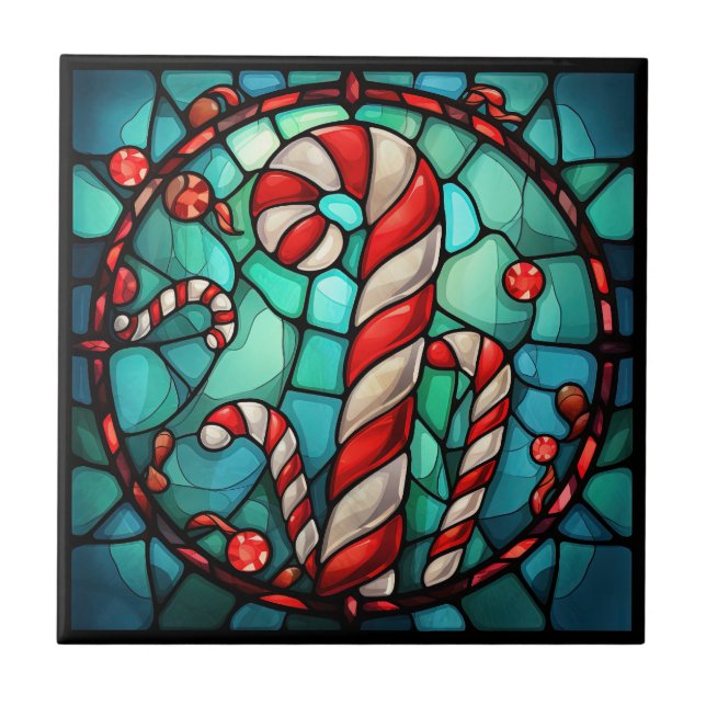 Candy Cane Christmas Stained Glass Tile (Front)