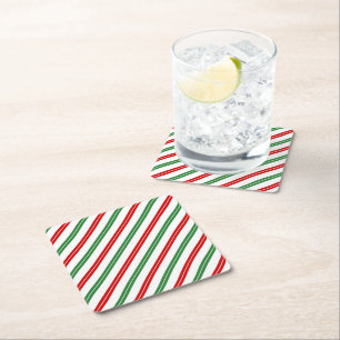 Candy Cane Christmas Stripes Red Green Square Paper Coaster