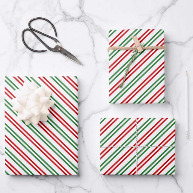 Candy Cane Christmas Stripes Red Green Wrapping Paper Sheet (Front)