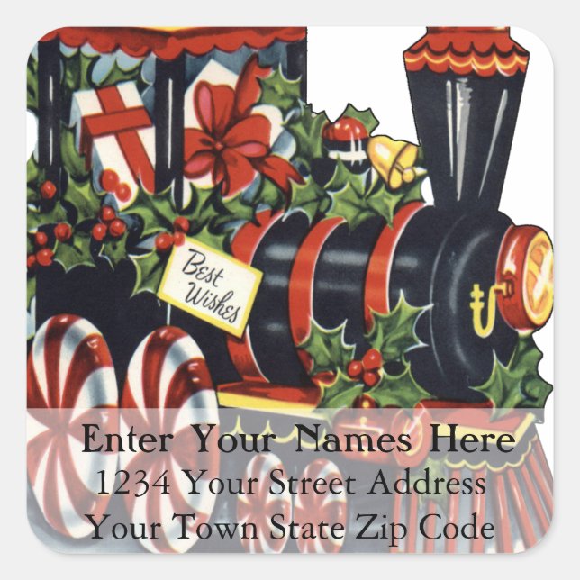 Candy Cane Christmas Train Vintage Christmas Square Sticker (Front)