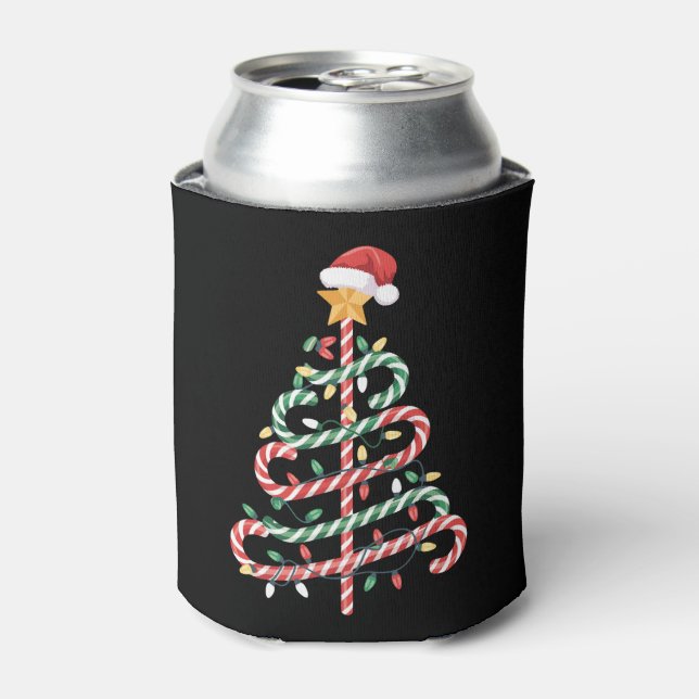 Candy Cane Christmas Tree Lights Santa Hat Xmas Can Cooler (Can Front)