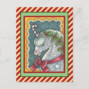 CANDY CANE CHRISTMAS UNICORN, HOLIDAY PONY FANTASY POSTCARD