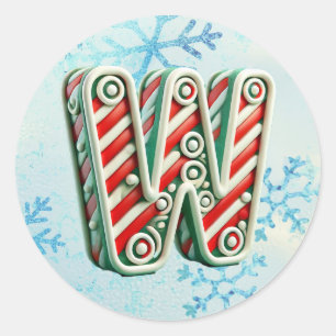 Candy Cane Christmas "W" Sticker, Festive Stripes Classic Round Sticker