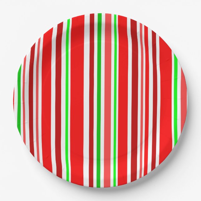 Candy Cane Colours Red White Green Stripes Paper Plate (Front)