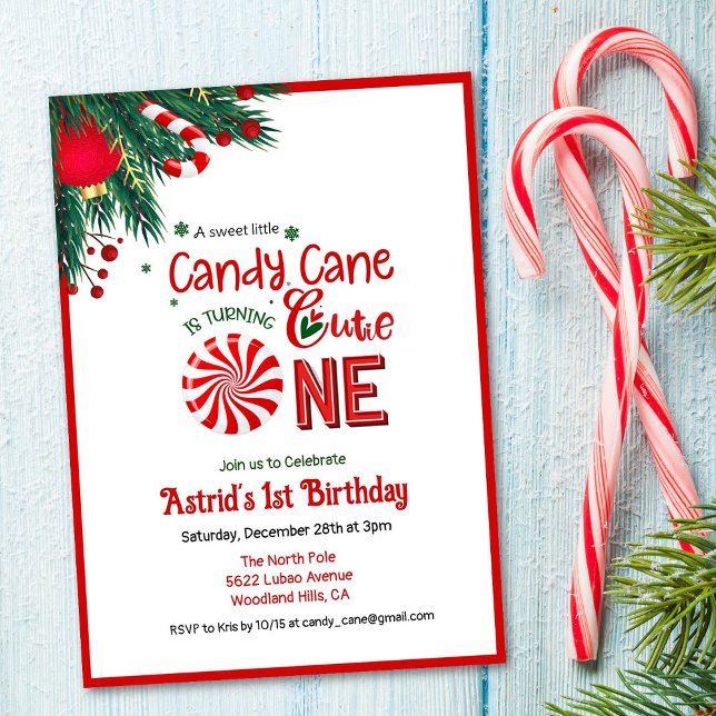 Candy Cane Cutie First Birthday Invitation (Creator Uploaded)