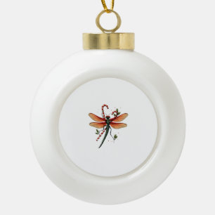 Candy Cane Dragonfly Ceramic Ball Christmas Ornament