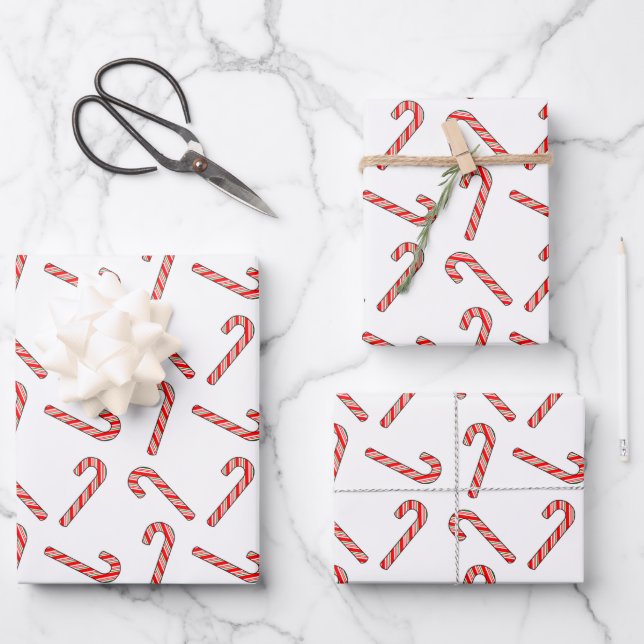Candy Cane Drawings In Red Green White Wrapping Paper Sheet (Front)