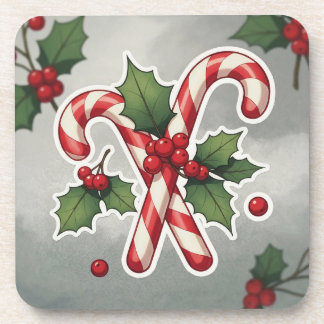 Candy Cane Duo With Holly And Berries Coaster