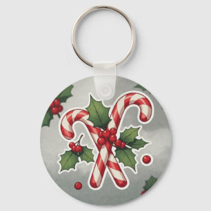 Candy Cane Duo With Holly And Berries Key Ring
