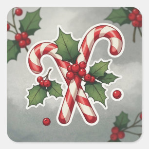 Candy Cane Duo With Holly And Berries Square Sticker