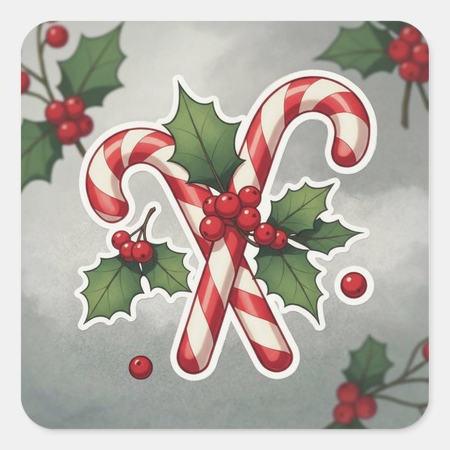 Candy Cane Duo With Holly And Berries Square Sticker (Front)