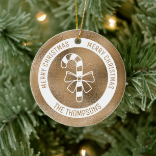 Candy Cane - Faux Golden Foil Look (Not Real Foil) Ceramic Tree Decoration