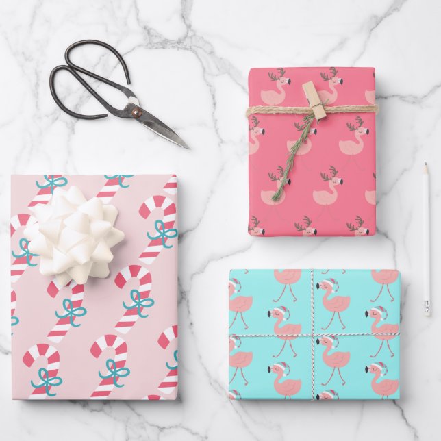 Candy Cane & Flamingos - Cute Tropical Christmas  Wrapping Paper Sheet (Front)