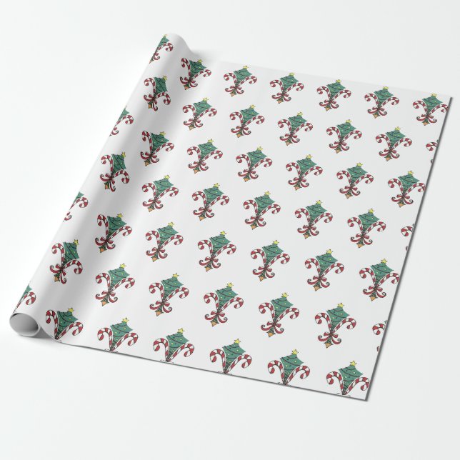 Candy Cane Fleur de Lis Wrapping Paper (Unrolled)
