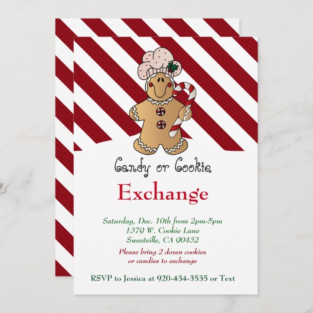 Candy Cane Gingerbread Cookie & Candy Exchange Invitation (Front/Back)
