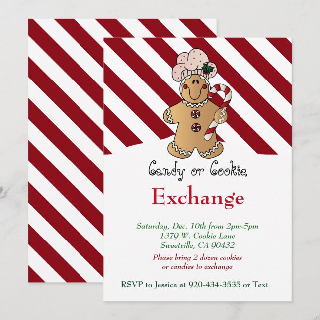 Candy Cane Gingerbread Cookie & Candy Exchange Invitation (Front/Back)